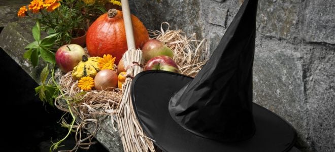 witch hat and broom for Halloween decor