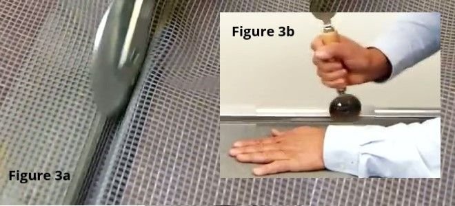 hand repairing screen door with rolling tool