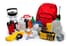  A variety of emergency supplies, including flashlights, water, first aid and a radio.