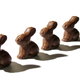 Row of chocolate bunnies standing against a white background