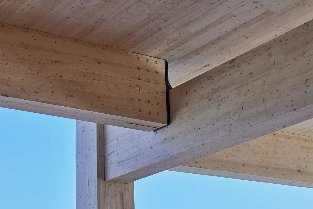 Close-up view of the cross-laminated timber (CLT) beams comprising the new Apex Plaza building in Charlottesville, VA.
