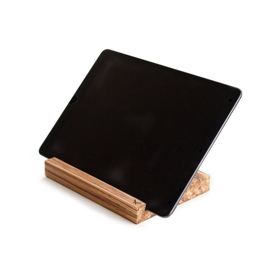 A simple wooden tablet stand made from recycled chopsticks.