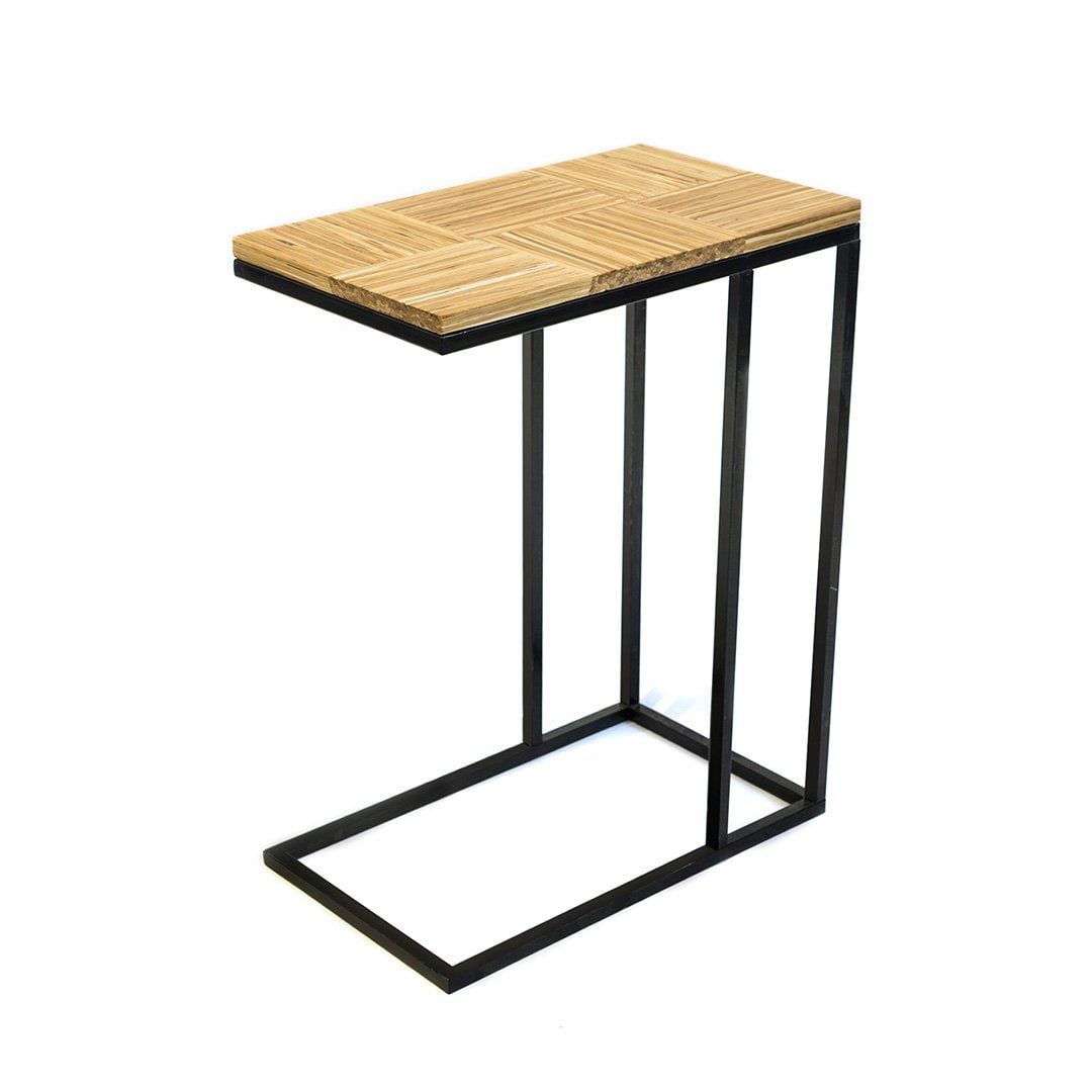 A cute wooden side table with a top made entirely from recycled chopsticks. 
