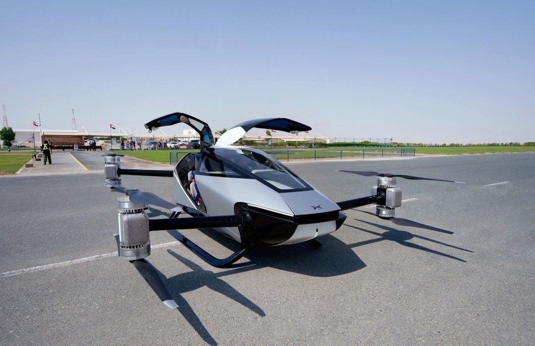 Prototype of XPeng's AeroHT X2 flying car on the ground in Dubai.