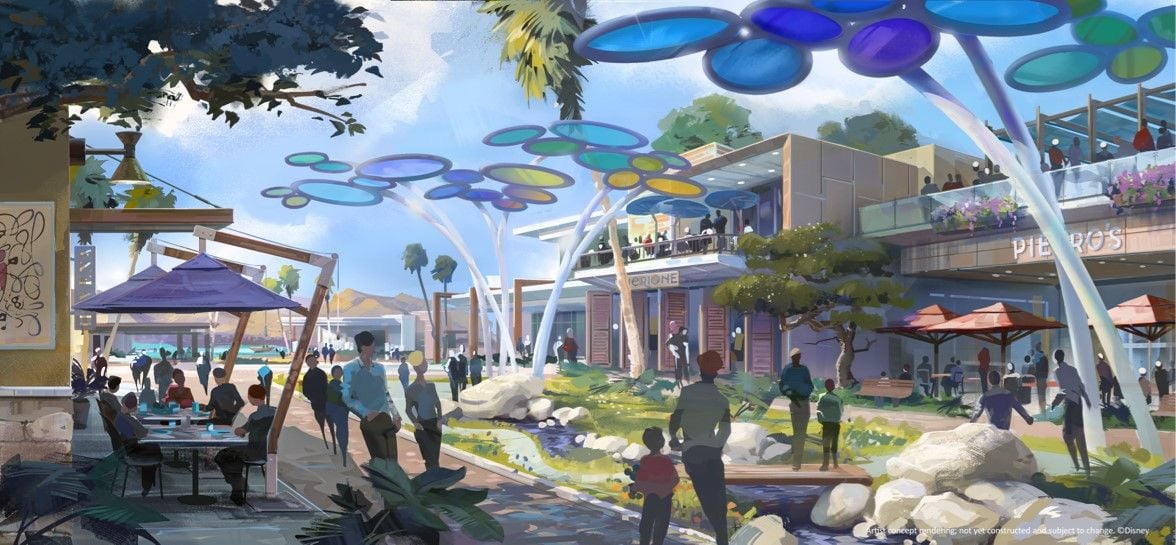 Rendering shows residents walking around the colorful streets of Disney's Cotino residential community.