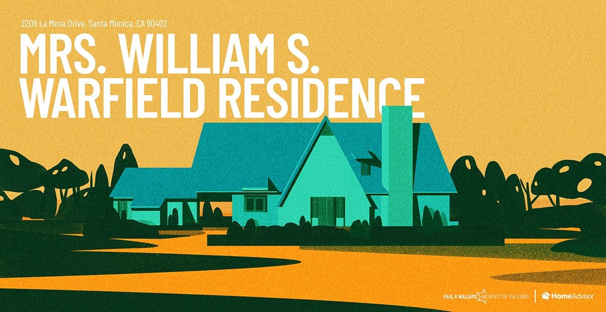 Colorful illustration of the Paul R. WIlliams-designed Mrs. William S. Warfield Residence, as featured in a new tribute from HomeAdvisor. 