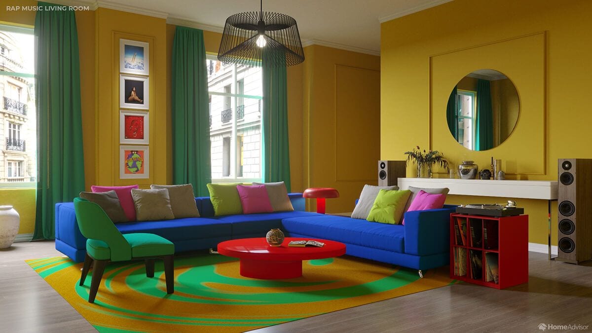 HomeAdvisor's Rap Room is decidedly the most colorful of the bunch. 