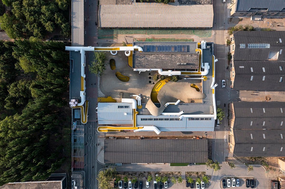 Aerial view of the Playscape Beijing, an old industrial grain storage complex that was recently converted into a massive playground by waa.
