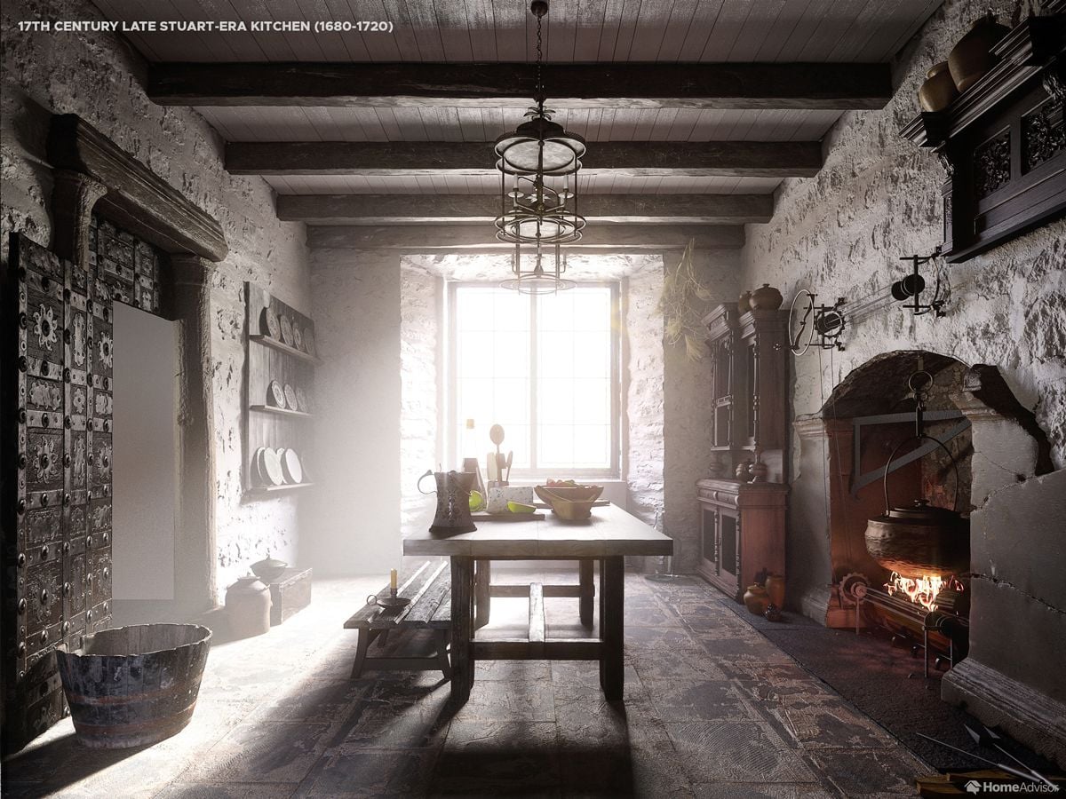 HomeAdvisor's rendering of a 17th-Century Late Stuart-Era Kitchen
