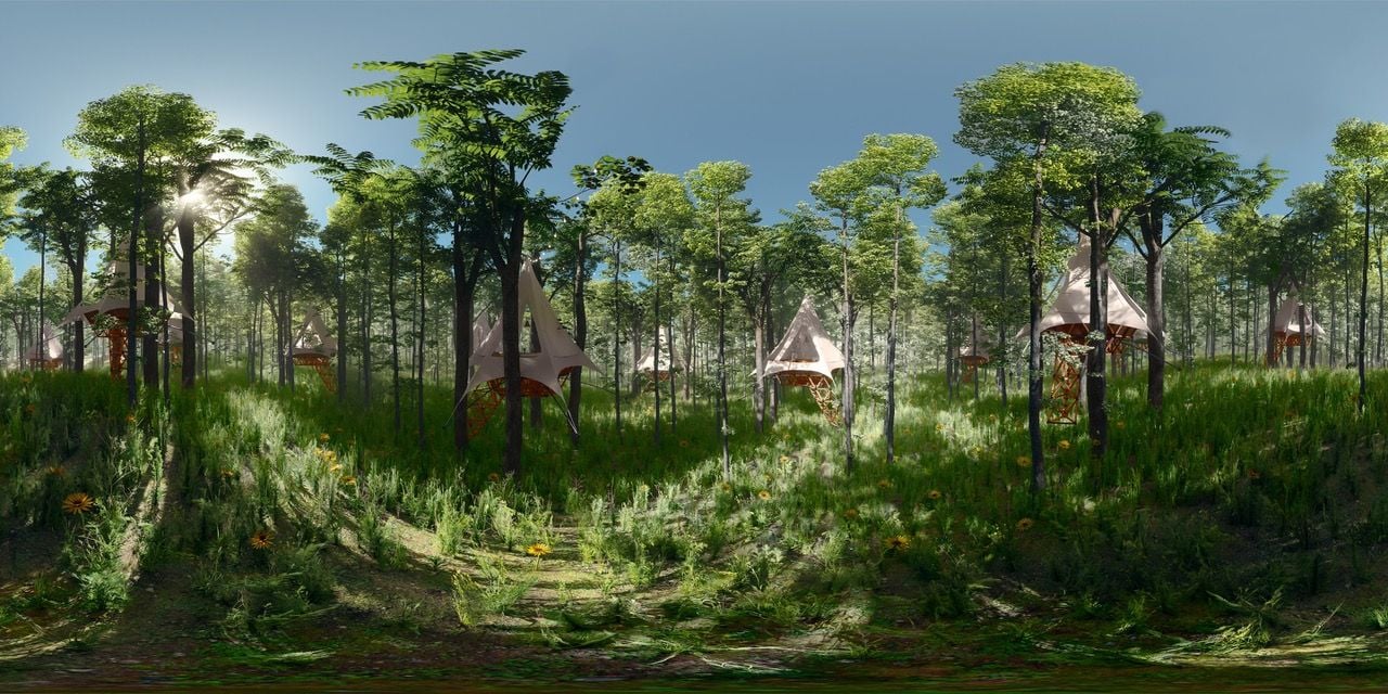 A full-fledged forest village made of O2 Treewalkers' Customizable Glamping Tents.