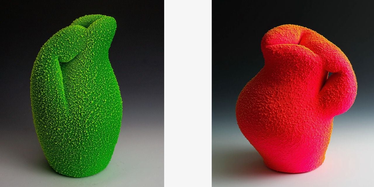Sculptural textured pitchers by Maxwell Mustardo.
