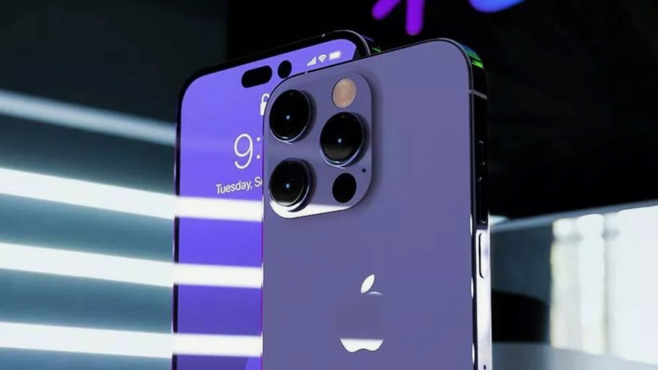 Rendering of the upcoming iPhone 14 Pro Max in a sleek purple color.