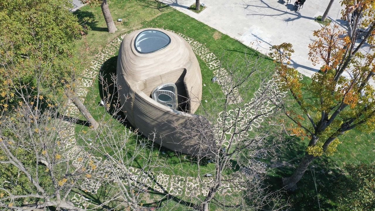 3D Printed Concrete Book Cabin in Shanghai's Wisdom Bay Industrial Park.