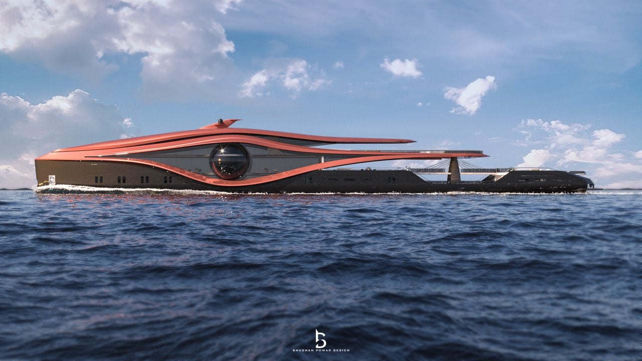 Side view of the Zion superyacht reveals its gigantic eyeball-like observation deck. 