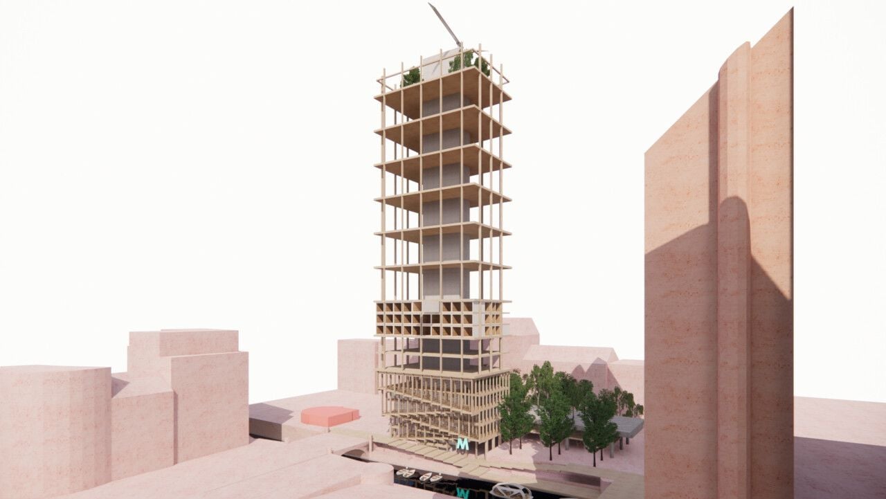 Computer graphic shows Oslo's Regenerative High-Rise tower under construction.
