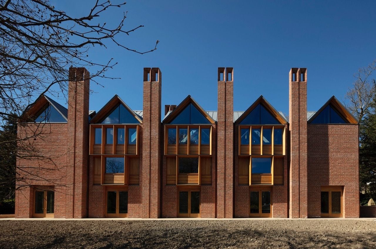 Front view of the Níall McLaughlin-designed New Library at Magdalene College in Cambridge, UK. 