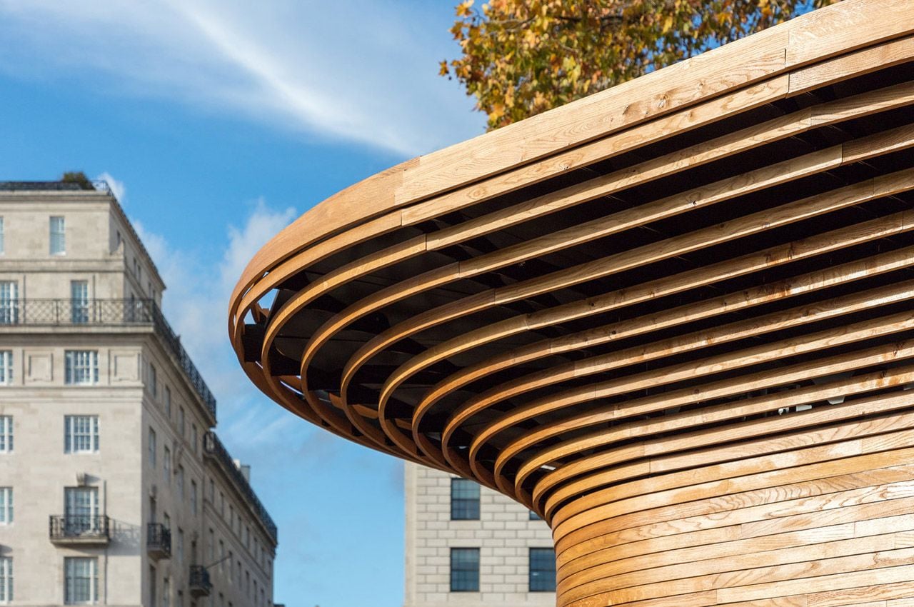 A closer look at the rings of steam-bent wood that make up Mizzi Studio's refreshment kiosks in London's Royal Parks.