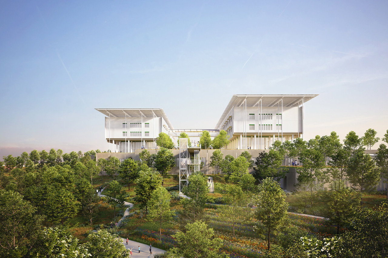 Exterior renderings for a new group of nature-inspired hospitals in Greece, designed by Renzo Piano.