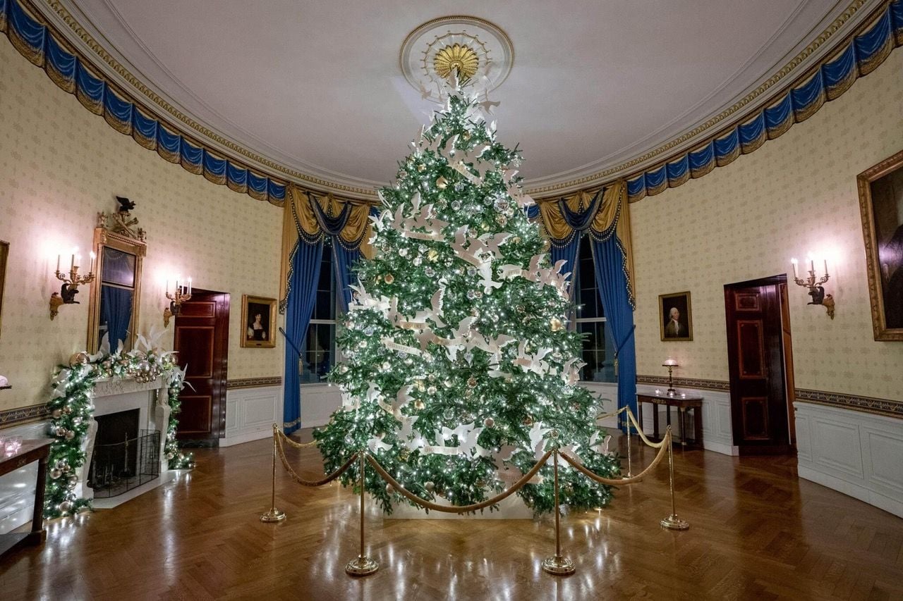 The Blue Room houses the official White House Christmas tree, an 18.5-foot Fraser fir from North Carolina.
