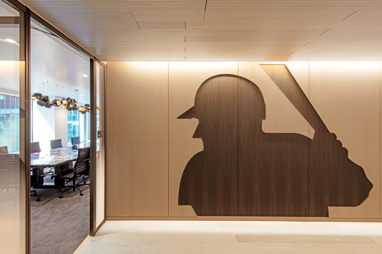 Oversized MLB logo inside the organization's new NYC headquarters. 