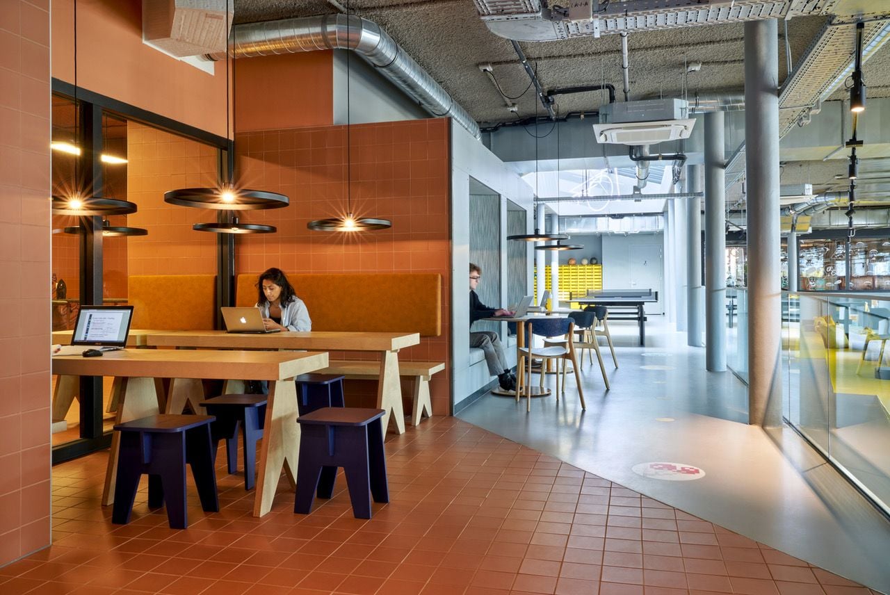 Simple, unassuming co-working space inside the Invisible Party-designed Student Hotel Delft.