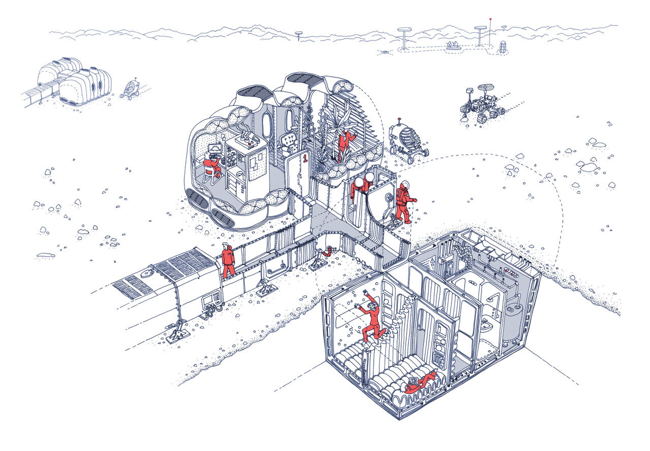 Illustration shows how occupants would move through the Martian House's two levels.