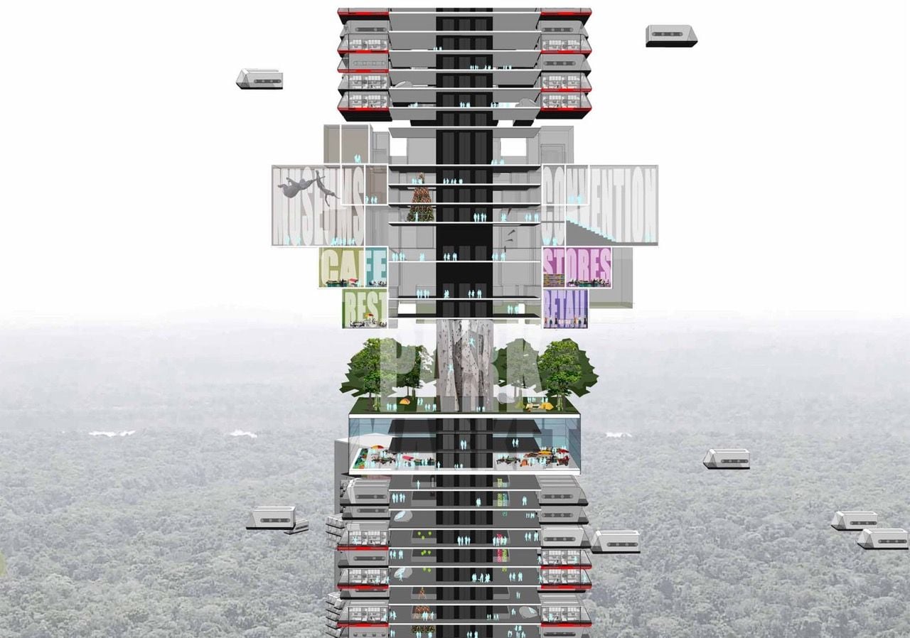 Each tower community in the City of Tomorrow concept would contain retail, gym, entertainment, dining, and park facilities.