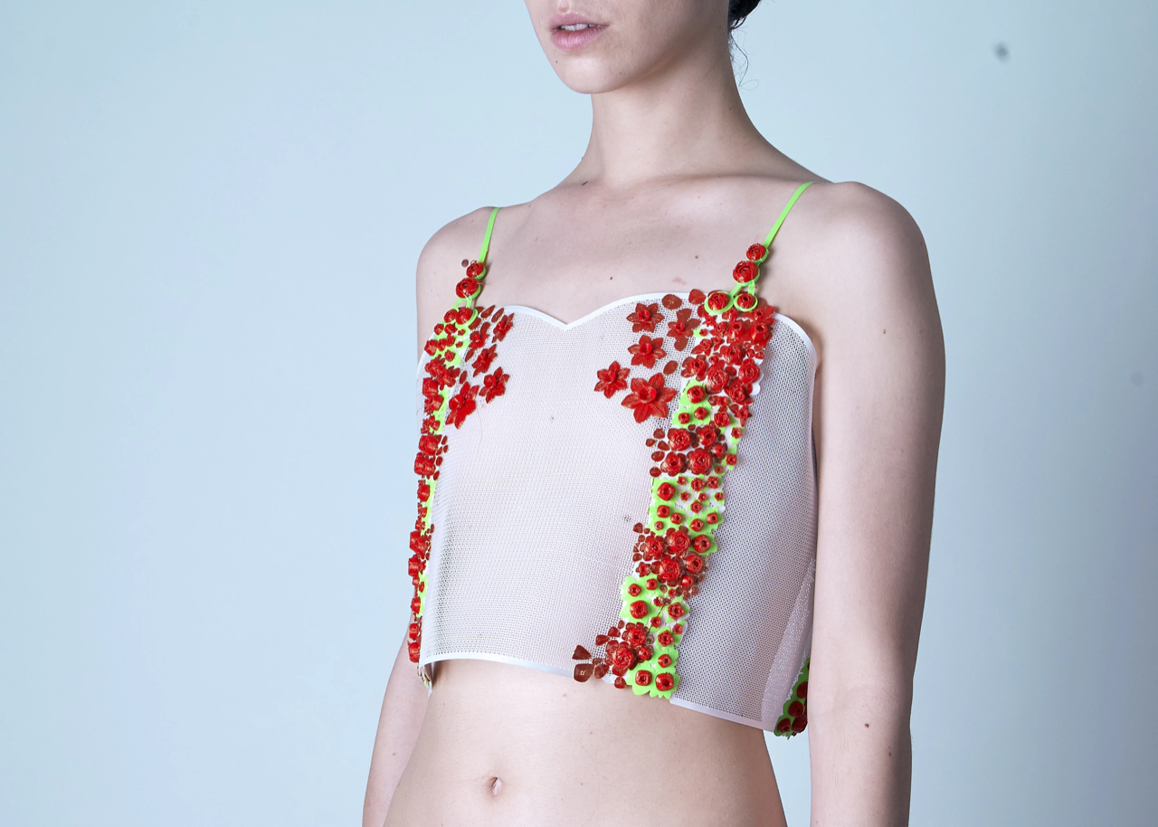 Fun 3D printed floral crop top, available for free download as part of artist Miranda Marquez' 