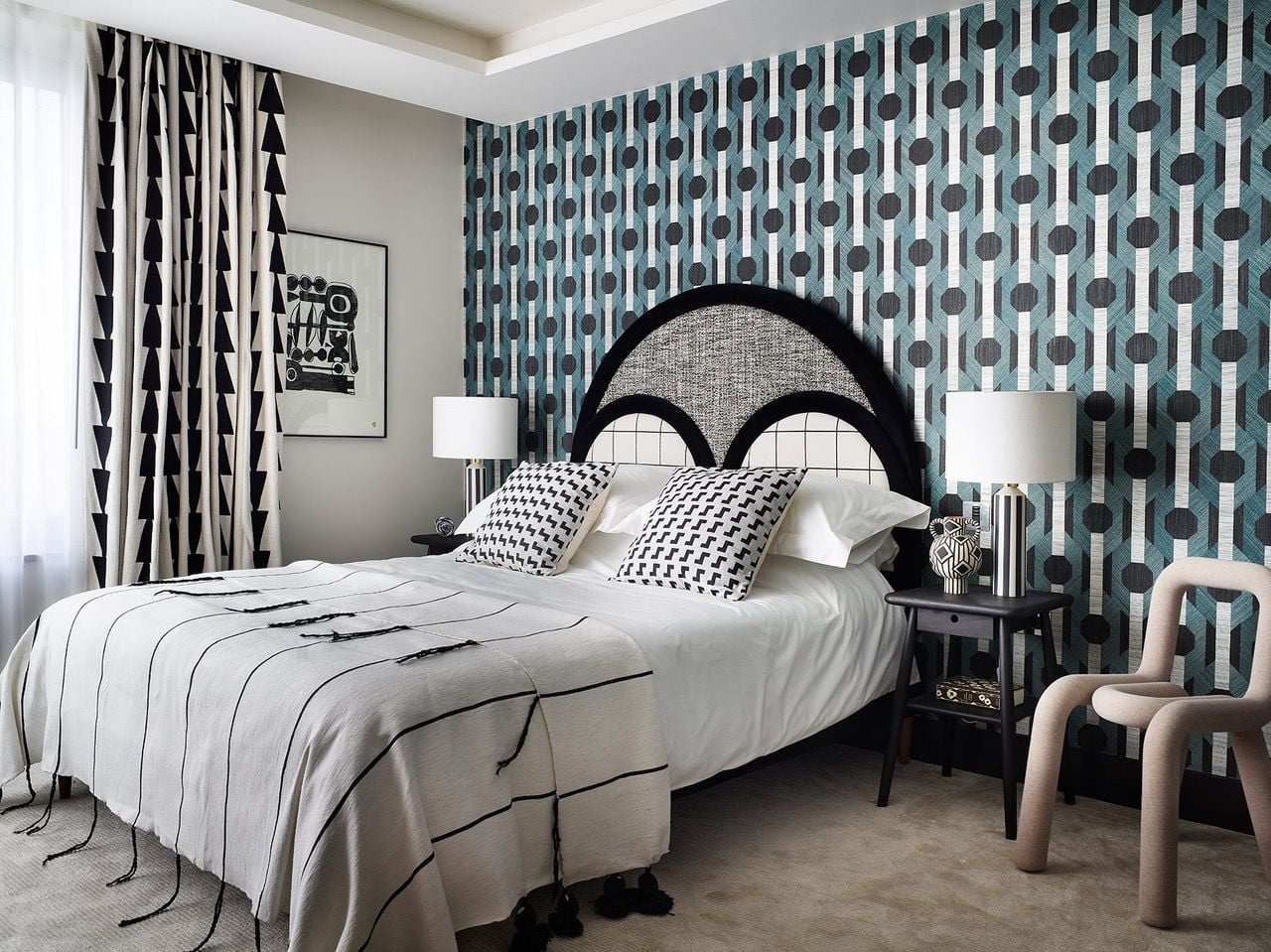 Guest bedroom inside Owl Interior Design's Bowie-Inspired London apartment. 