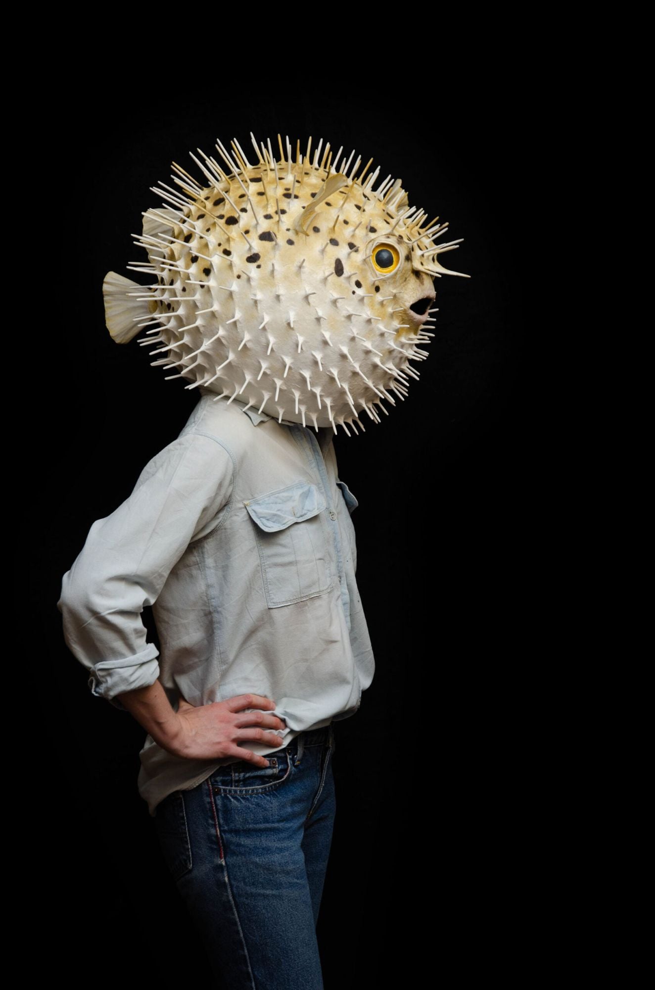 A bizarre Puffer Fish Face Mask featured in the Vicki Myhren Gallery's new 
