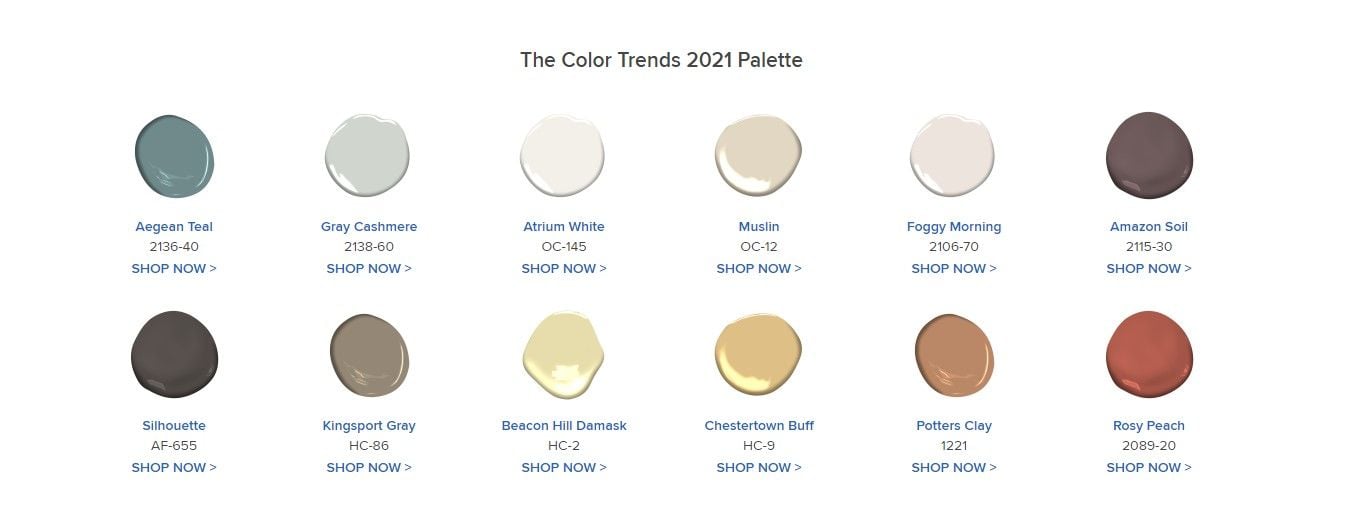 According to paint manufacturer Benjamin Moore, these colors are all on their way up in 2021.