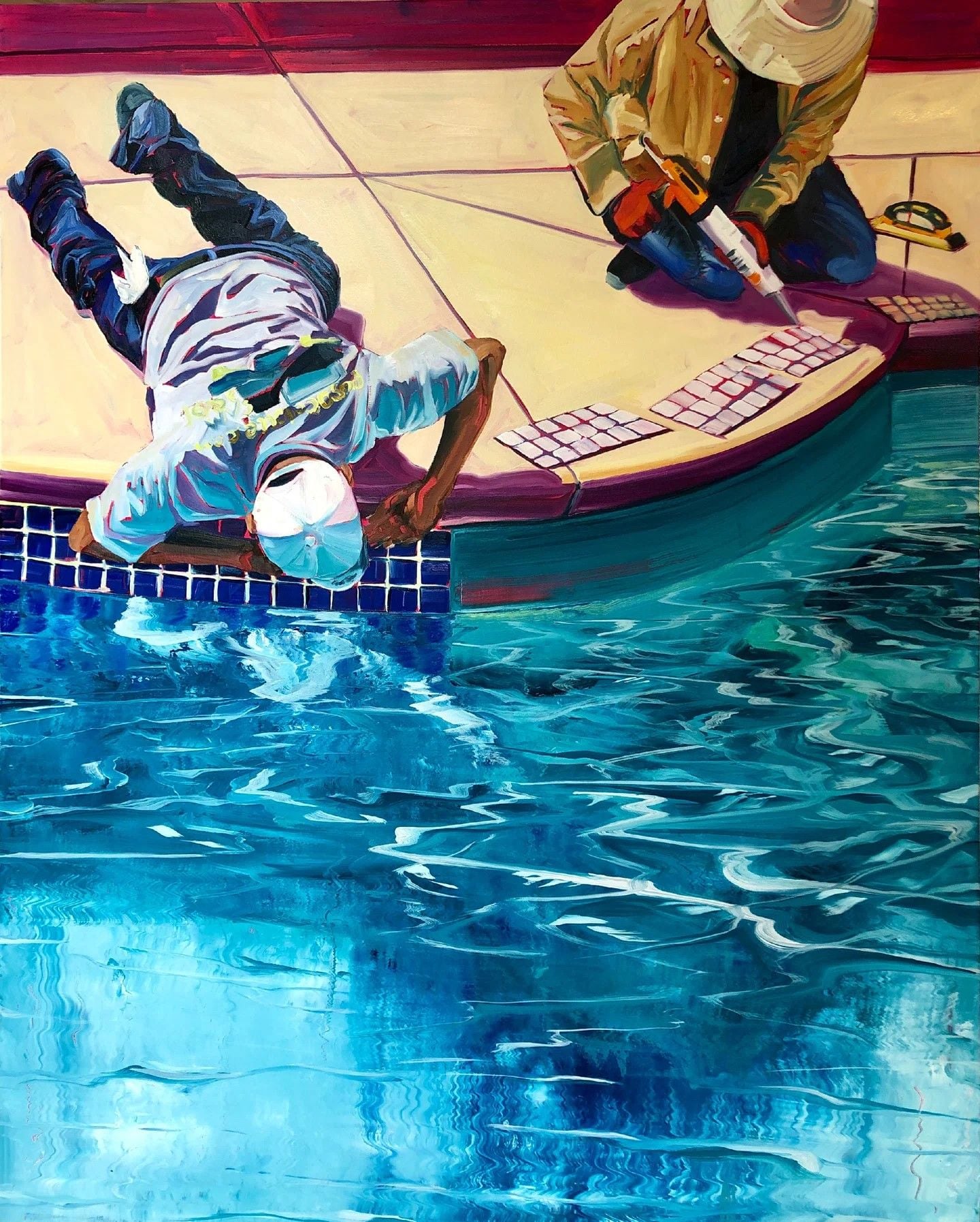 Painting of workers installing tiles in a luxury swimming pool, as featured in Rex Southwick's ongoing 