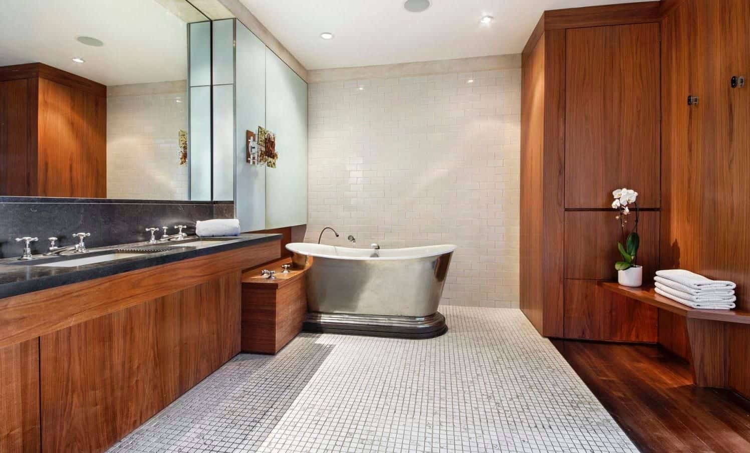 Spacious contemporary bathroom inside David Bowie's old Manhattan apartment, recently sold for $16.8 million.