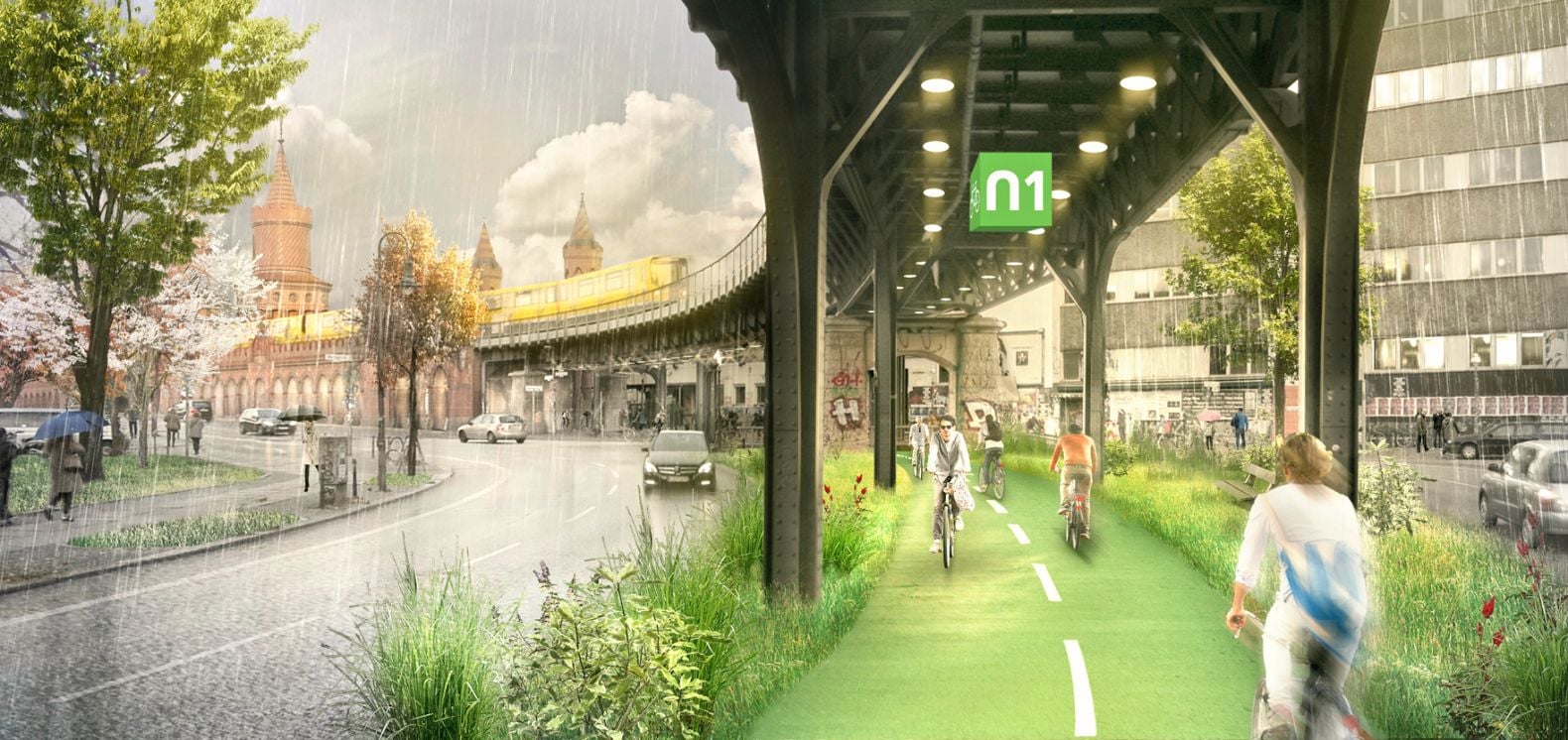 Renderings for an ultra-sustainable bike path running through the city of Berlin. 
