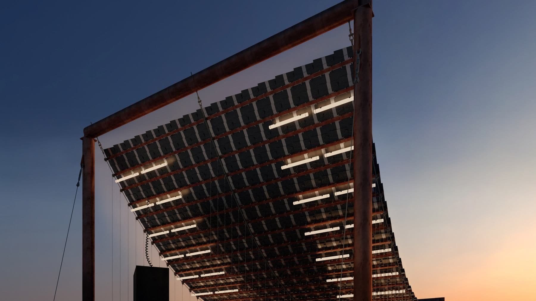 Nighttime view of the underside of the solar pavilion at Dutch Design Week 2022.