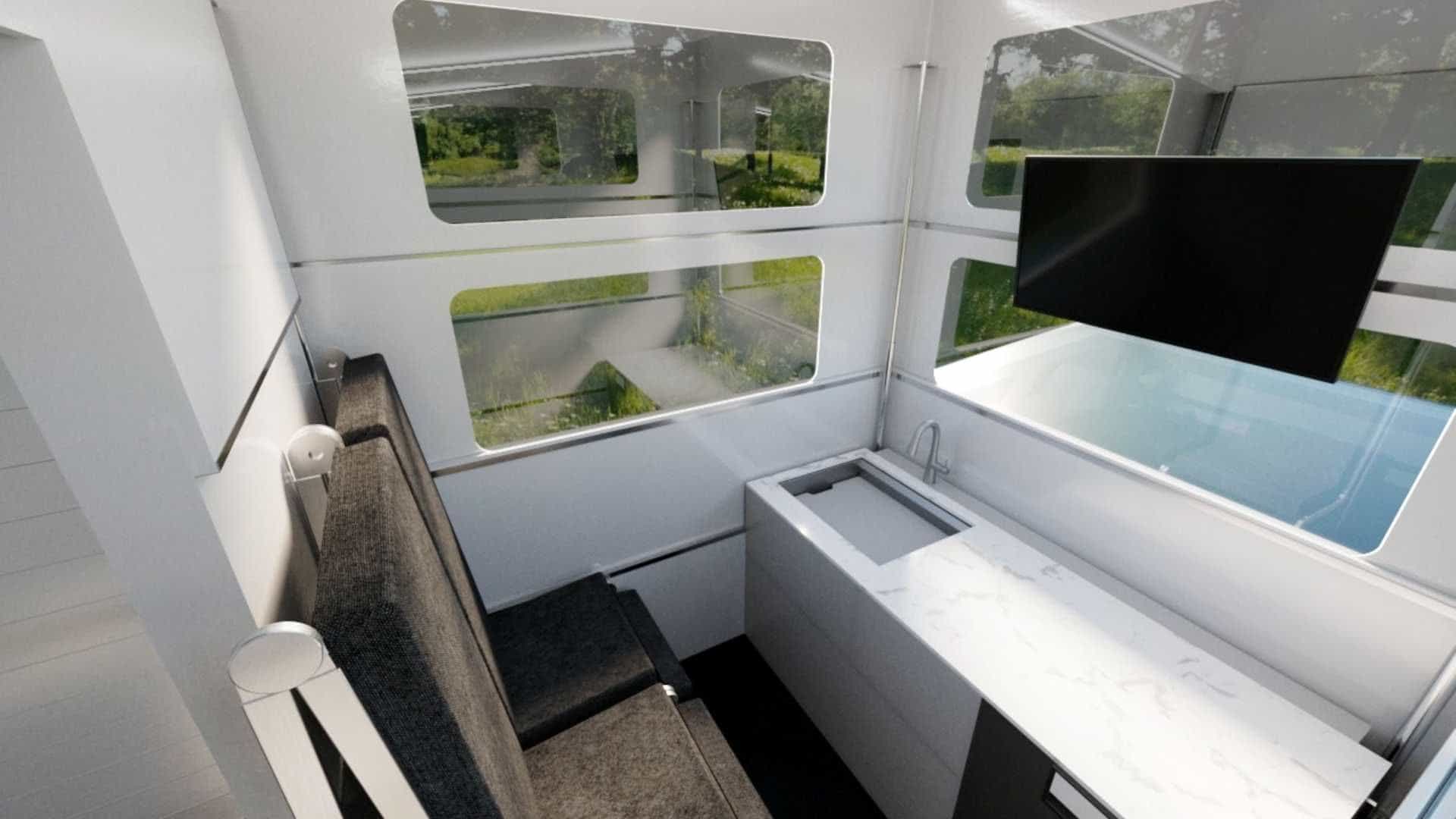 Clean, spacious interiors inside the CyberLandr Cybertruck Camper add-on
