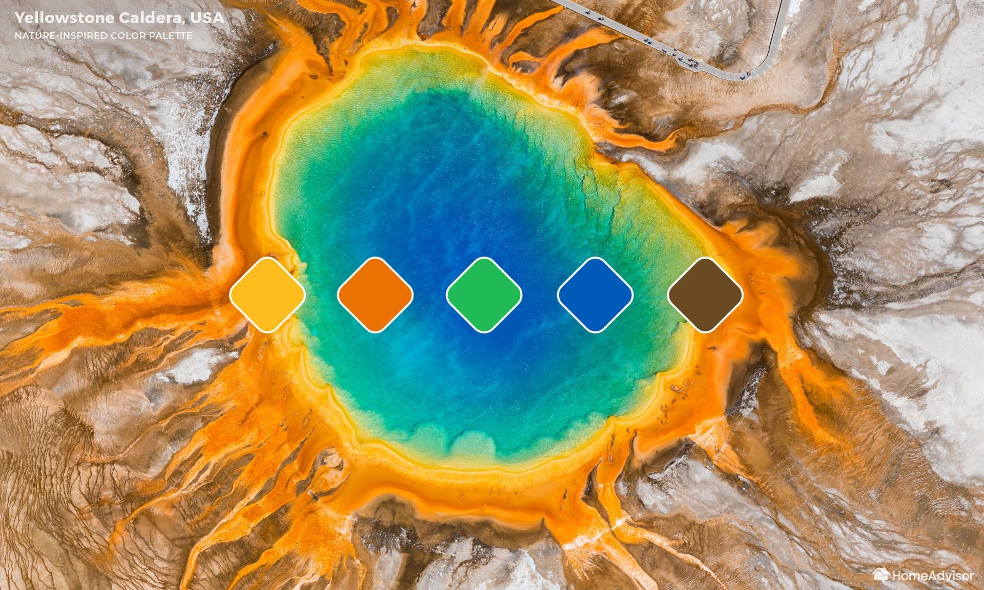 This Yellowstone Caldera-inspired color palette plays off the famed site's intense shades of orange, brown, yellow, blue, and green. 
