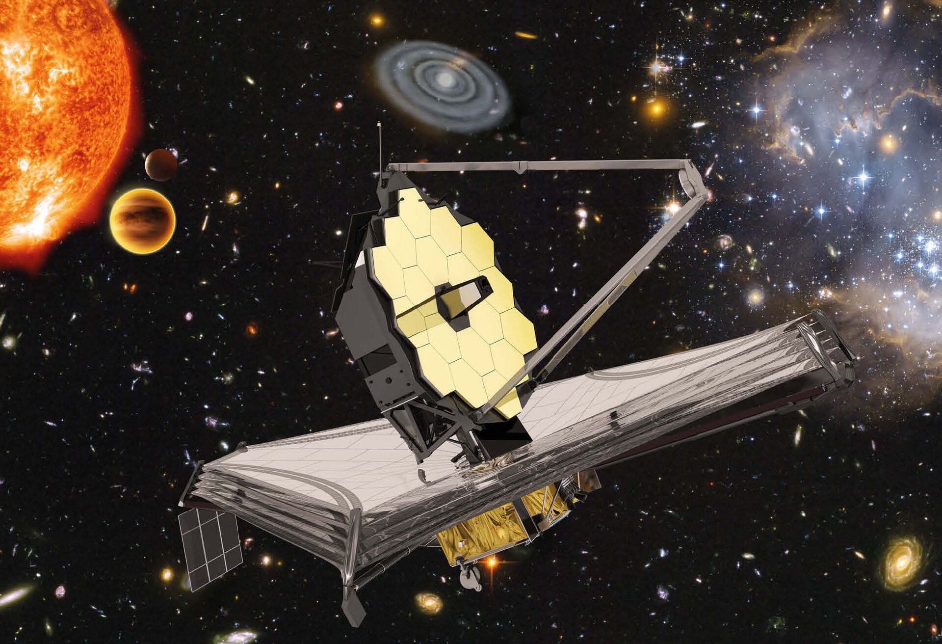 Artist's rendering of NASA's completed James Webb Space Telescope in deep space.