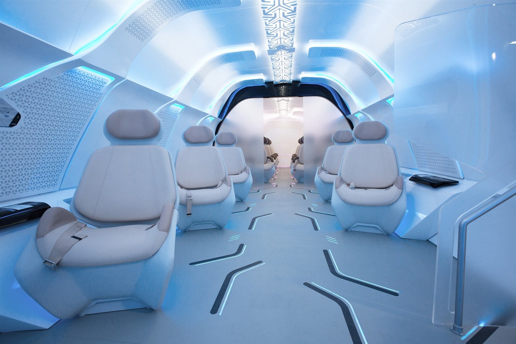 The sleek modern interior of the Virgin Hyperloop passenger pod.