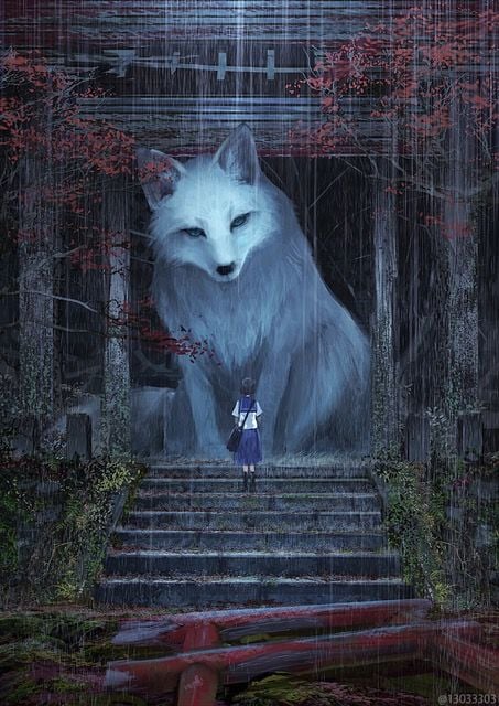 A digital painting by Monokubo depicting a normal-sized person standing in front of a giant white wolf.