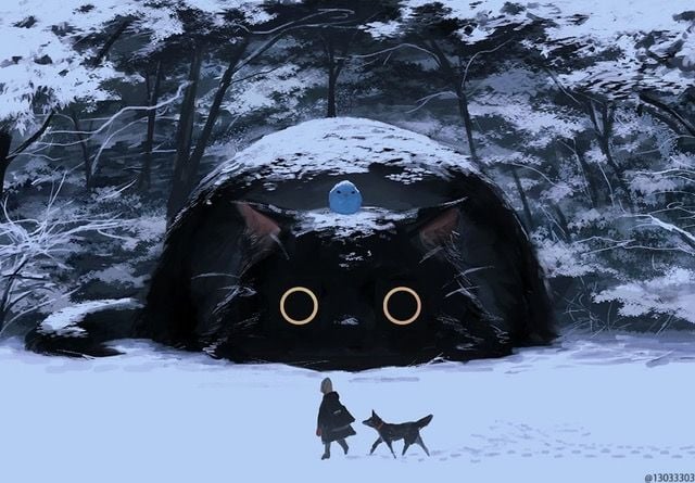 A digital painting by Monokubo depicting a giant cat watching a regular-sized person and dog walking through the snow.