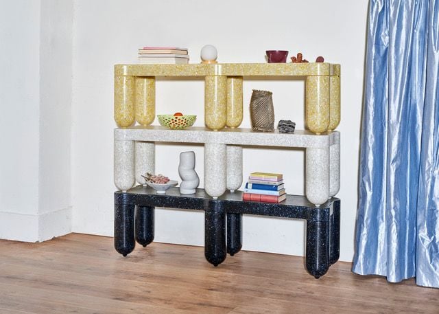 Three benches from the recycled Afterlife collection stacked up indoors to form some really fun shelving.
