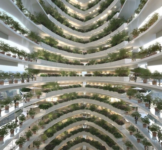 Interior view of Rescubika's eco-friendly “Mandragora” tower concept.