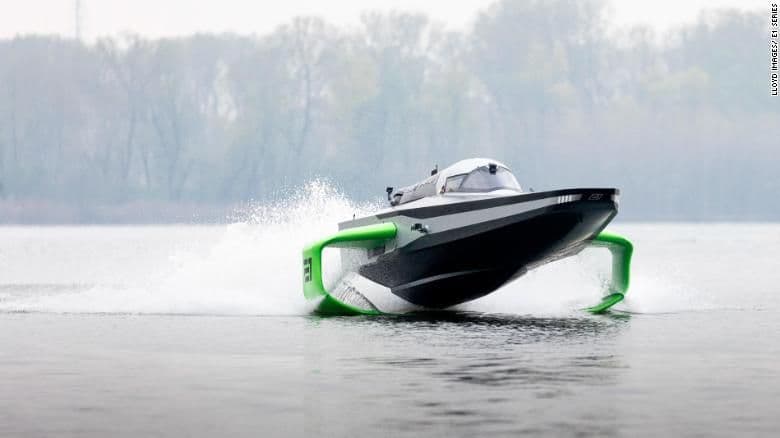E1 RaceBird all-electric hydrofoil racing boat on the water.