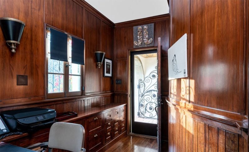 Bright, wooden office inside Leonardo DiCaprio's new LA home.