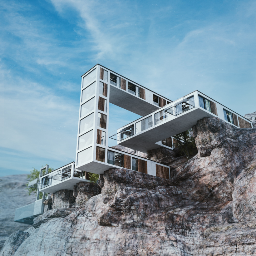 View up at all the glass balconies that make up Milad Eshtiyaghi's ultramodern 