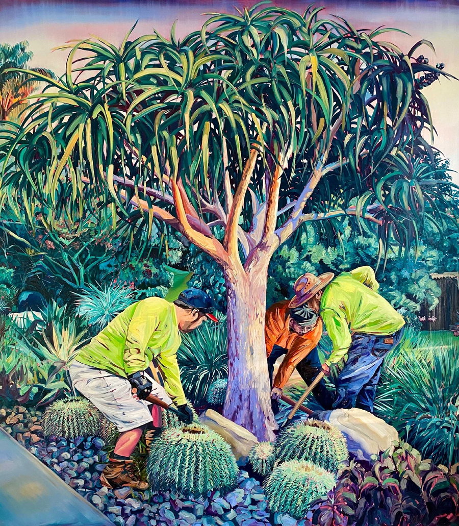 Painting of workers installing a large tree outside a luxury home with a crane, as featured in Rex Southwick's ongoing 
