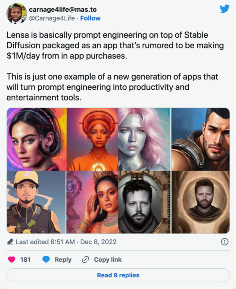 Twitter user shares several examples of Lensa AI creations stolen from other artists.
