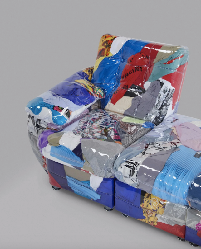 A colorful couch made from scrapped Balenciaga garments, designed by Harry Nuriev.