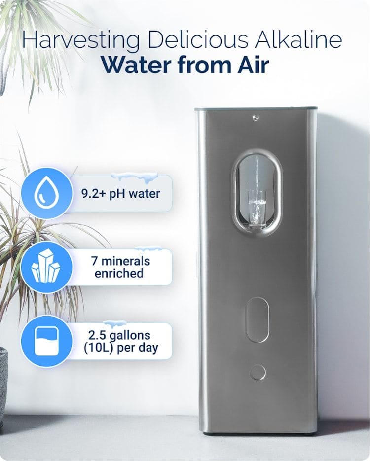 Graphic explains how the Kara Pure makes fresh alkaline water from the air.